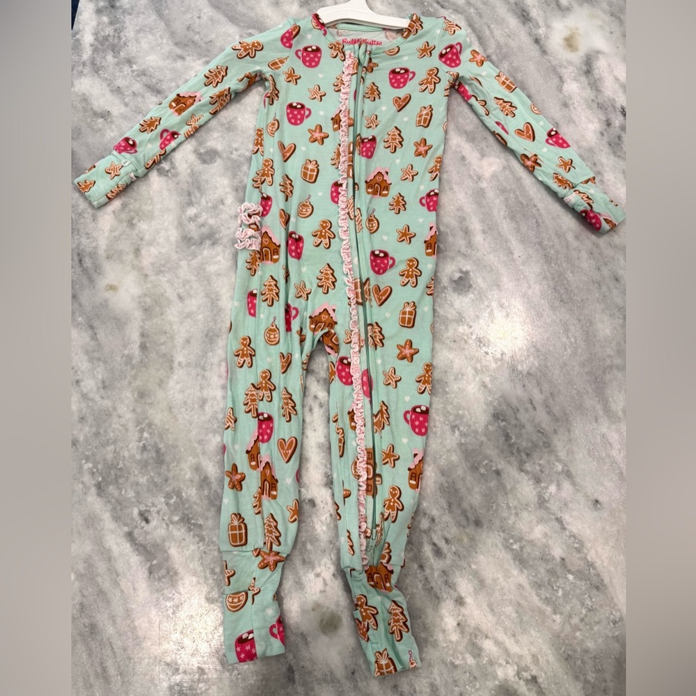 Ruffle Butts Gingerbread Print Footed One-Piece with Pink Trim